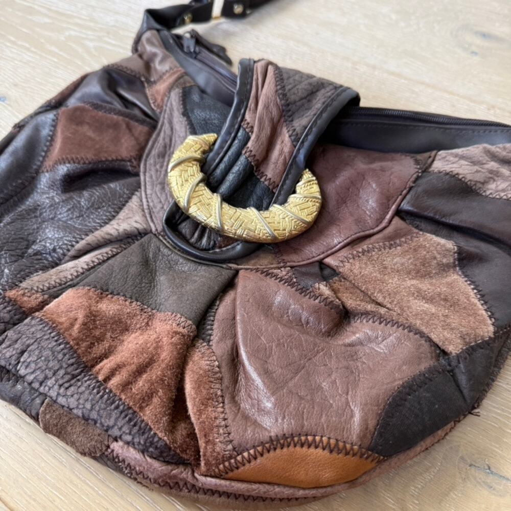 Y2K Boho Genuine Leather Patchwork Hobo Bag Gold Ring Buckle